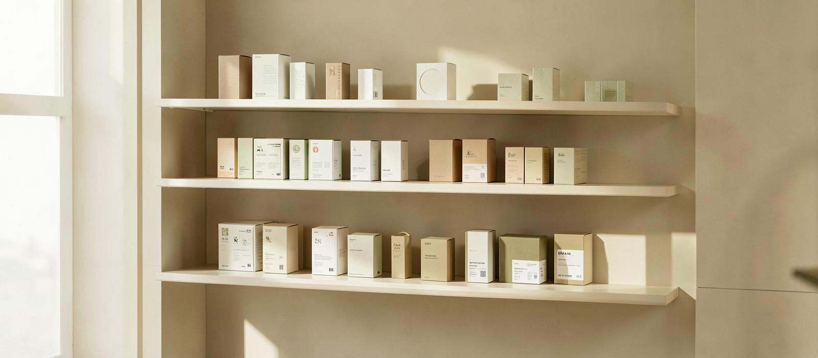 Minimal retail shelving displaying neutral consumer product packaging in daylight