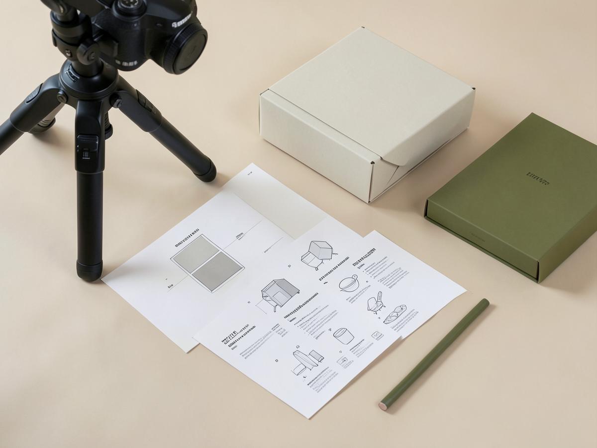 Camera on a tripod beside printed brand guidelines and neutral packaging