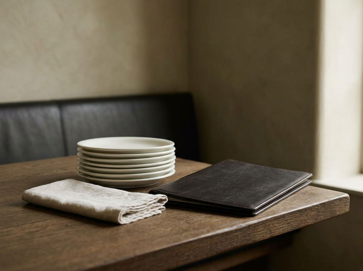 Stacked plates, folded linen and a leather menu on a dining room table