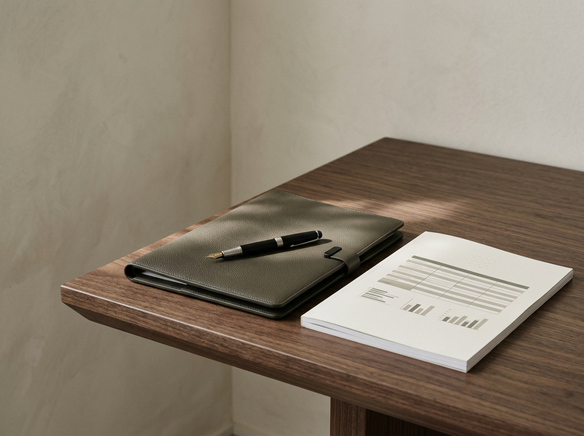 Leather portfolio, fountain pen and a printed performance report on a walnut table